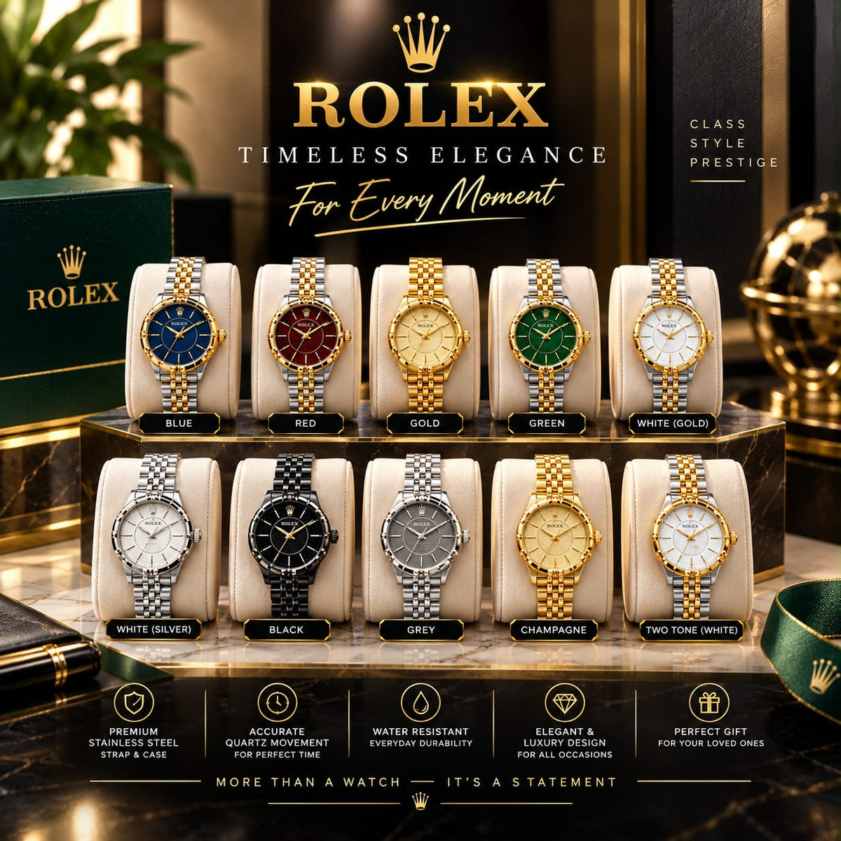 Rolex Style Luxury Quartz Watch | Premium Stainless Steel | 10 Colors Available | Gift Box