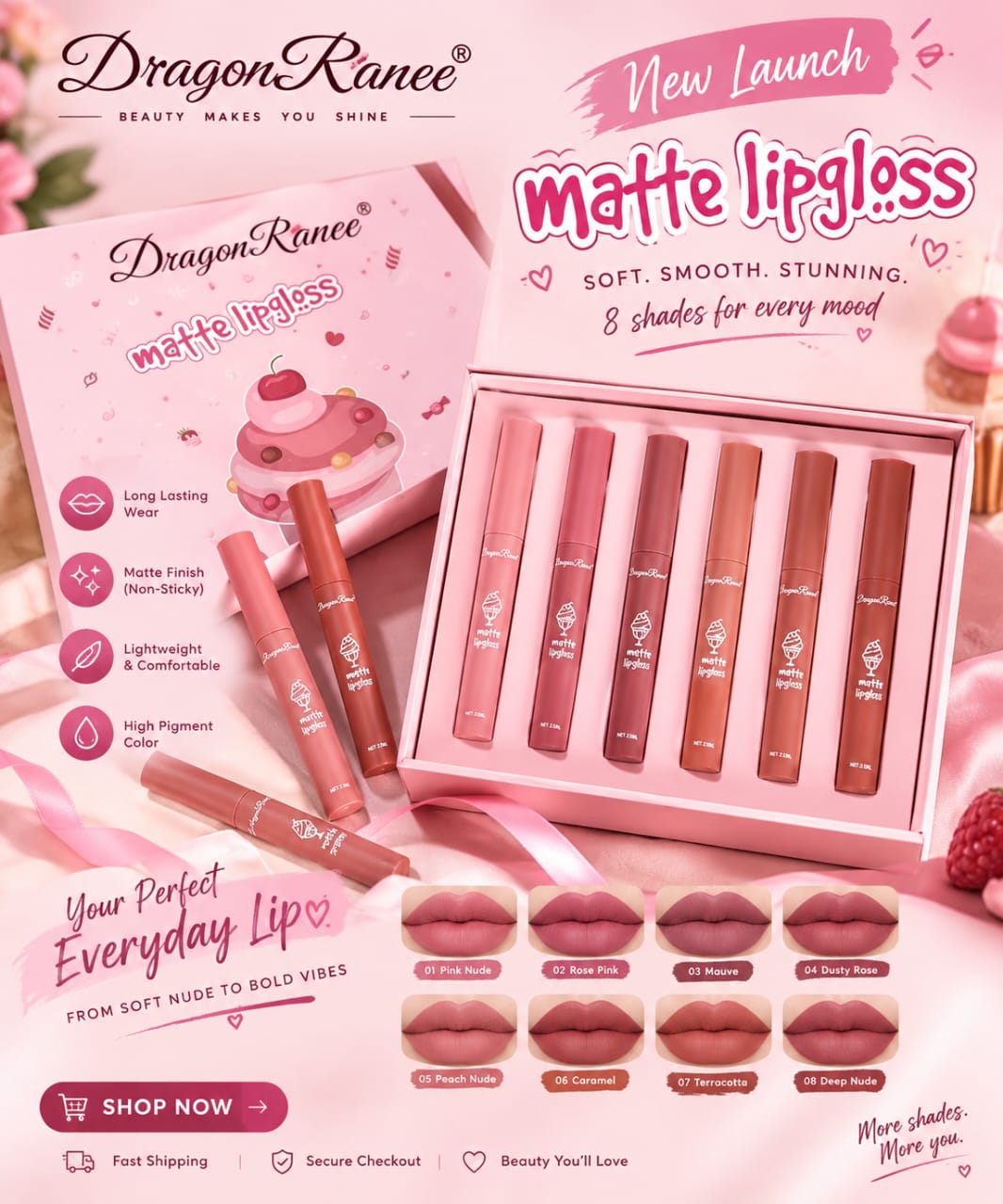 Dragon Ranee 6Pcs Matte Lipgloss Gift Set - Long Lasting Velvet Liquid Lipstick